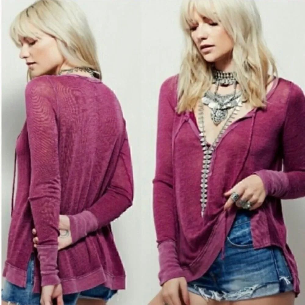 We the Free- Free People- Purple Affogato Hacci Linen Blend Tunic Popover, Small